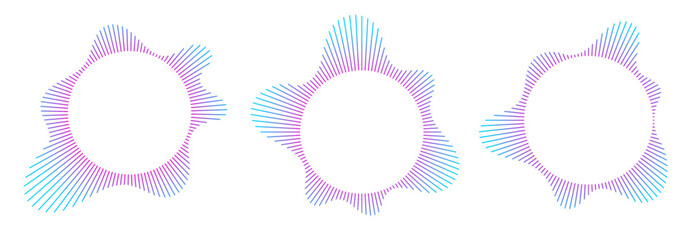 Sound equalizer icons with lines, gradient neon circular sound wave frames, abstract radial music icons. Audio beat symbol concept isolated on white. Vector illustration.