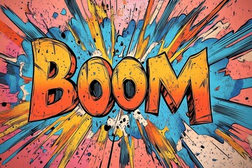 Explosive 'Boom' Comic-style Graphic with Dynamic Background Elements explosion vibrant