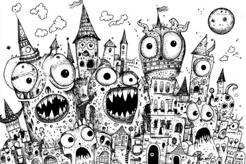 Playful Monsters wreaking havoc on cityscape in engaging black and white illustration. Funny destroying city buildings drawing