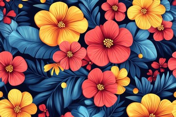 Red and Yellow Floral Seamless Pattern with Blooming Flowers featuring