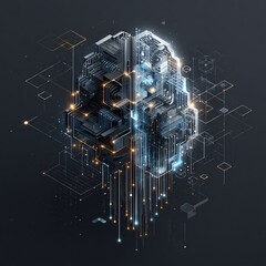 Abstract Digital Brain with Circuit Board and Data Streams