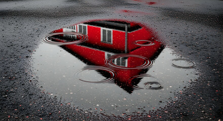 Reflected Facade Vivid House Raindrop Ripples Creating A Mesmerizing Abstract Impression