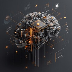 Digital Brain with Computer Chip Technology Concept