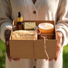 Gift box with spa items held by hands