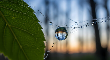 Reflections Captured In Dewdrops On Spiderweb Strands Near A Green Leaf