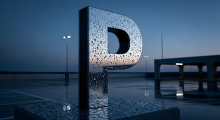 Reflective Parking Symbol Standing Proudly on a Wet Empty Parking Lot