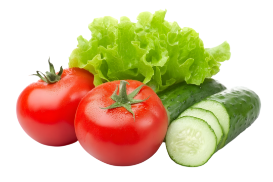 Fresh tomatoes, crisp cucumbers, and leafy lettuce are displayed against a clean transparent background, ideal for healthy recipes. Ai Generated Images