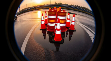 Reflective Puddle Scene With Traffic Barrels And Cones On Road At Sunset