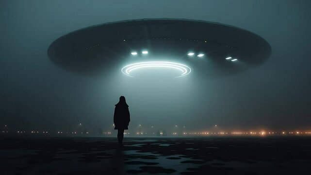 Mysterious UFO Hovering Above a Silhouetted Figure in Foggy Landscape with ai generated