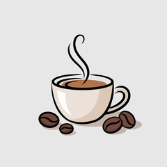 Obraz premium Aromatic Coffee Moment: An artful depiction of a coffee cup filled with fresh, steaming coffee, surrounded by coffee beans, illustrating a cozy morning moment.