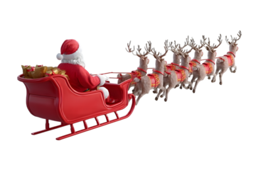 Santa Claus in a red sleigh being pulled by reindeer, Christmas scene.