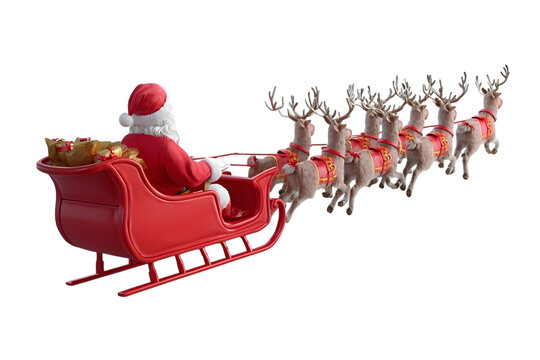 Santa Claus in a red sleigh being pulled by reindeer, Christmas scene.