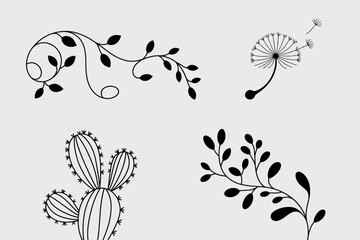 Obraz premium Botanical Designs: A set of elegant botanical illustrations, featuring delicate leaves, a dandelion and a cactus, perfect for adding a touch of nature-inspired beauty to any design. 