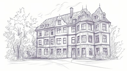 Fototapeta premium Hand-drawn sketch of an old ornate building with trees.