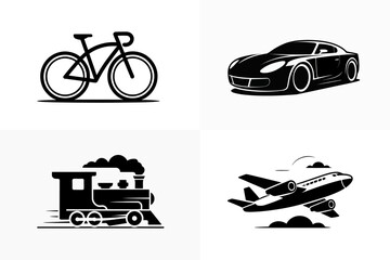 Obraz premium Transportation icons: A minimalist collection showcasing four primary modes of transportation: bicycle, car, train and airplane. Illustrating the essence of mobility and travel