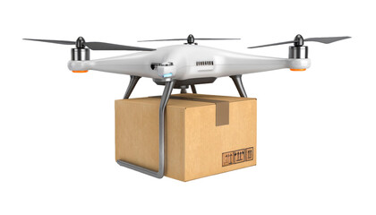 White Drone Carrying Brown Cardboard Box Against Transparent Background Isolated Transparent Background