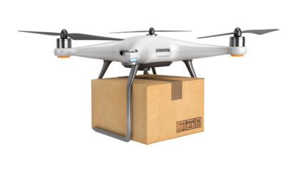 White Drone Carrying Brown Cardboard Box Against Transparent Background Isolated Transparent Background
