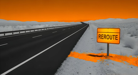 Reroute Ahead On A Desert Road In Black And White And An Orange Sky
