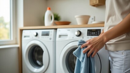 Woman doing laundry, placing clothes into a top-loading washing machine in a bright laundry room.