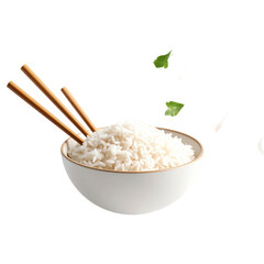 White Rice Bowl With Wooden Chopsticks And Scattered Green Herbs Isolated Transparent Background