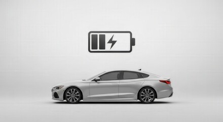 Electric Vehicle with Full Battery: Sleek silver electric car showcasing its full battery charge, symbolized by a clear battery icon above.