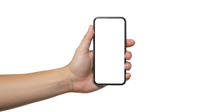 Isolated Hand Holding Mobile Smartphone Device with Blank White Screen