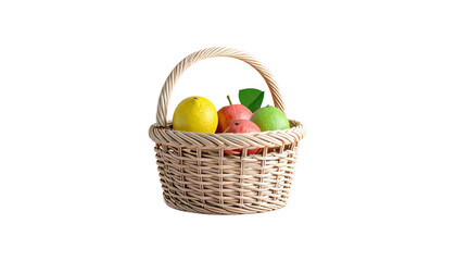Wicker Basket With Fruits Including Yellow Lemon Red Apple and Green Lime on Isolated Transparent Background