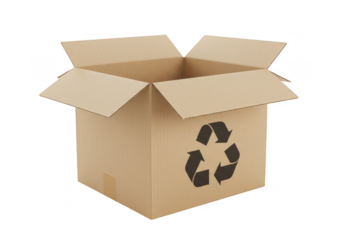 Isolated Open Cardboard Box with Recycle Symbol on Transparent Background