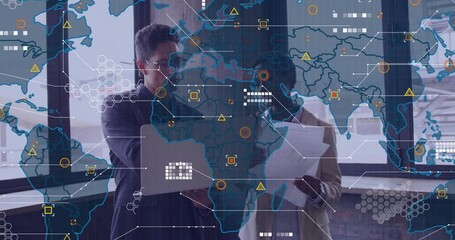 Man opening laptop toward woman while world map overlay animating data nodes for business analysis - Powered by Adobe