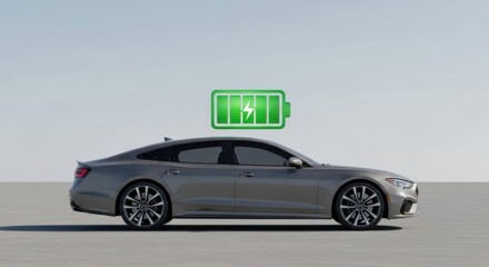 Electric Car Charging: A sleek, silver electric car charges up with a full battery symbol floating above it, symbolizing sustainable transportation and the future of mobility.