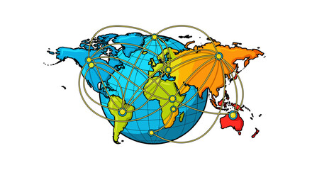 Fototapeta premium Illustration of a world globe with interconnected lines representing global network connections and continents