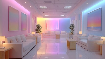 AI-driven therapy environments changing wall color, lighting rhythm, and temperature based on mood recovery phases