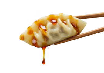 Isolated PNG Appetizing Gyoza Brown Sauce Hold in Chopsticks Cuisine