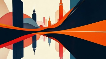Abstract cityscape reflected in water, stylized buildings, vibrant colors, dynamic curves. - Powered by Adobe