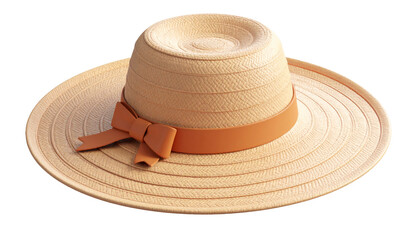 Woven Straw Sun Hat With Orange Ribbon Bow Detail Isolated Transparent Background