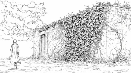 A weathered stone building with overgrown vines and a solitary figure walking away.