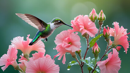A hummingbird hovers mid-air, its wings a blur, as it feeds from a cluster of delicate pink geraniums