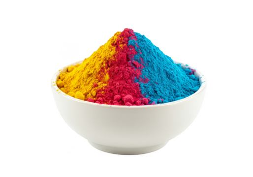 Isolated Holi Powder Heap Vibrant Colors in White Bowl
