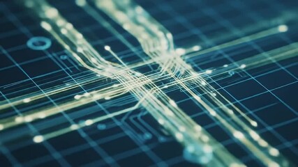 Abstract digital circuit board design with interconnected lines and glowing lights on blue background - Powered by Adobe