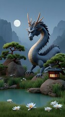 Naklejka premium Majestic Blue Dragon in Serene Asian Landscape with Pond and Moon Mythical