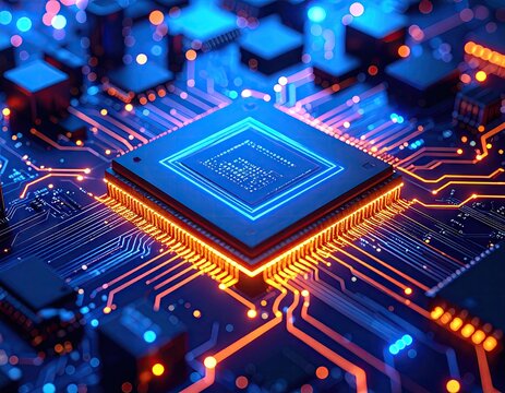 Close-up of a glowing circuit board with a central processor