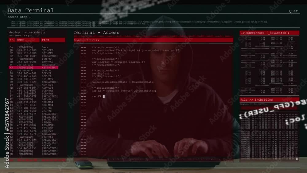 Poster hoodie-clad engineer typing deploy command and executing cybersecurity script to analyze encryption