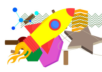 Rocketship geometrical graphic retro theme background. Minimal geometric elements. Vintage abstract shapes vector illustration.