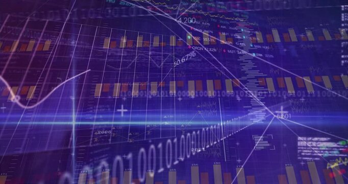 Blue beam sweeping across frame revealing bar charts animating line graph rotating into candlestick
