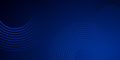 Abstract circle lines on dark blue gradient background. Geometric stripe line art design. Futuristic technology concept. Horizontal banner template. vector background, backdrop, graphic, tech.	