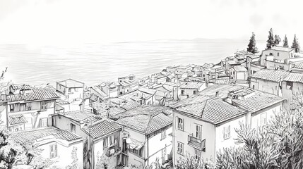 Fototapeta premium Coastal town panorama, hand-drawn sketch.