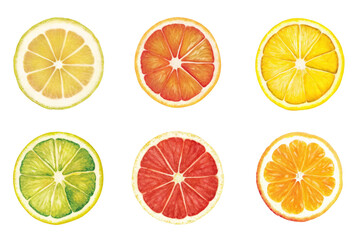 Obraz premium Set of citrus fruits slices lemon and lime, cocktail, set of citrus fruits