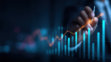 Businessman drawing rising graph with pen, symbolizing growth and success in a futuristic financial concept