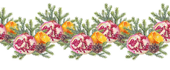 Watercolor seamless border with Christmas tree branch with pomegranate orange and pine cone on white background. Forest sticker or card. Hand-drawn rim for New Year celebration wrapping or wallpaper