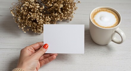 Obraz premium Hand holding blank card with coffee and dried flowers on wooden surface mockup